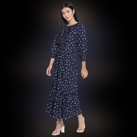Winter Lily: Navy Blue Floral Maxi Dress - Picture 4 of 4